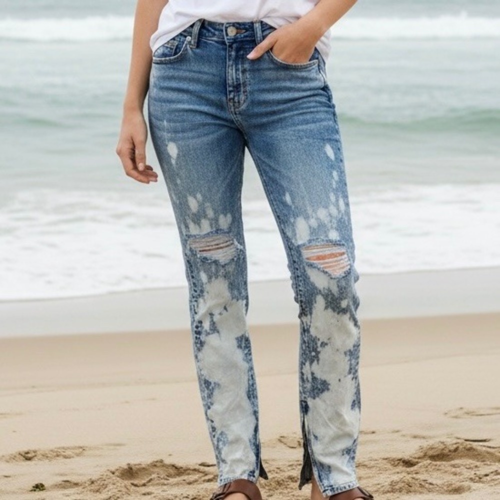 BLK Acid Wash Distressed Bleached Jeans Blue 30x32 Y2K Rock Grunge Streetwear